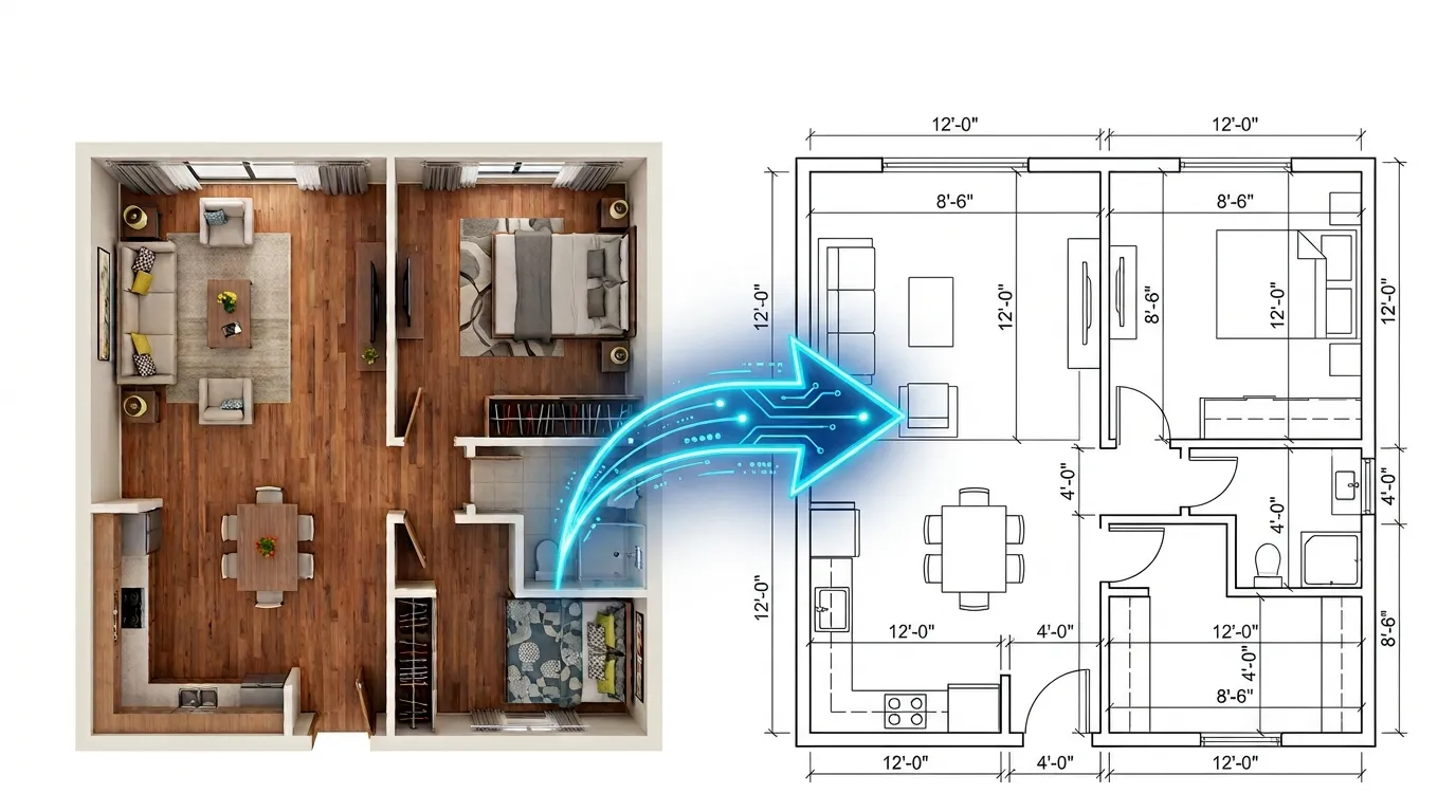 Online DXF converter showing a floor plan image and CAD-ready DXF drawing