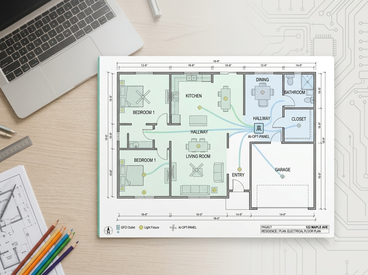 Residential electrical floor plan with outlets, switches, circuit wiring, and a 200A panel