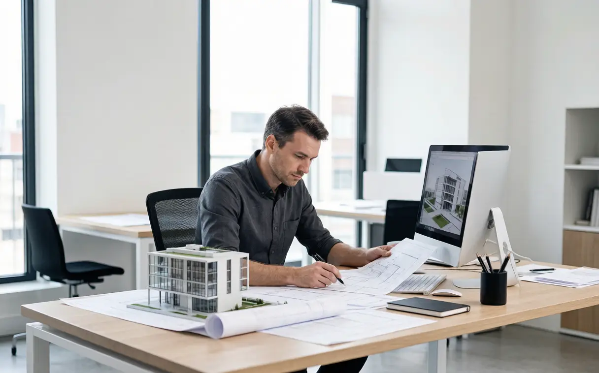 Professional architect reviewing a detailed floor plan for residential design