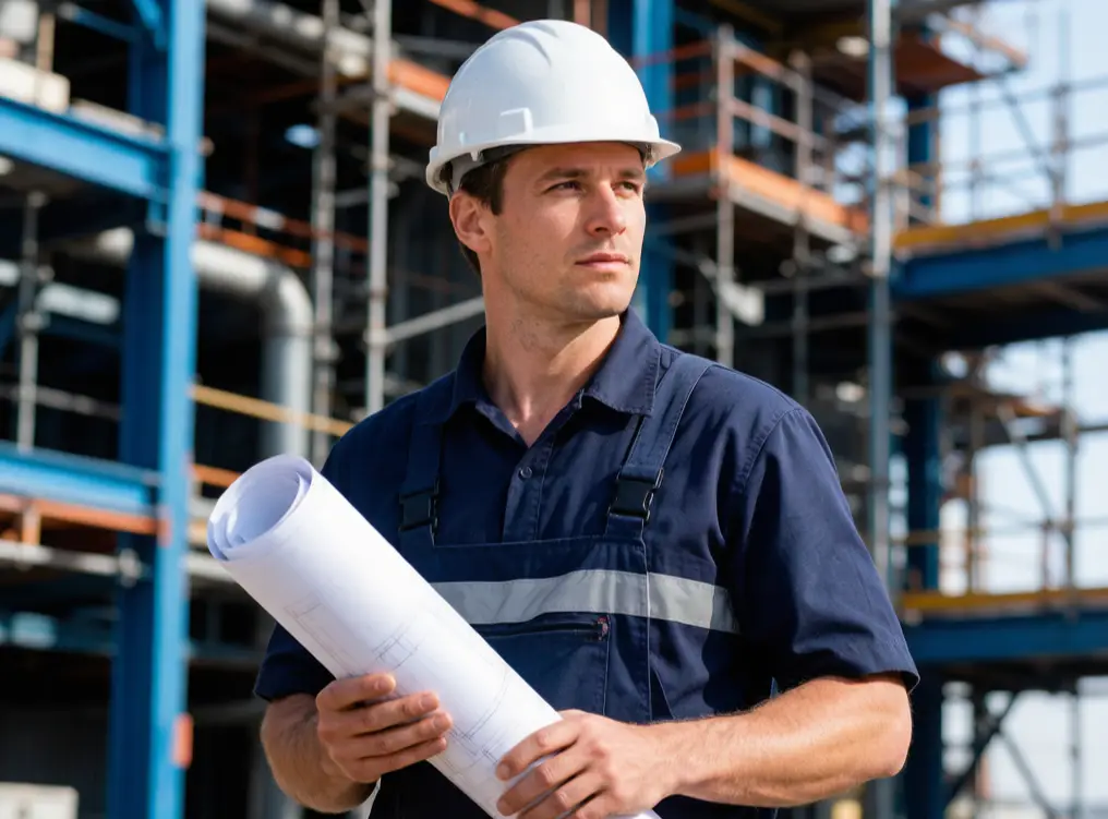 Contractor reviewing construction-ready blueprints on site