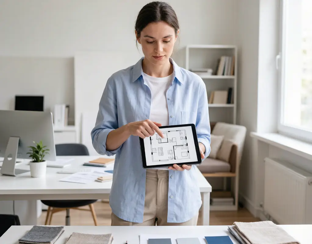 Interior designer working on a dimensioned floor plan with material samples