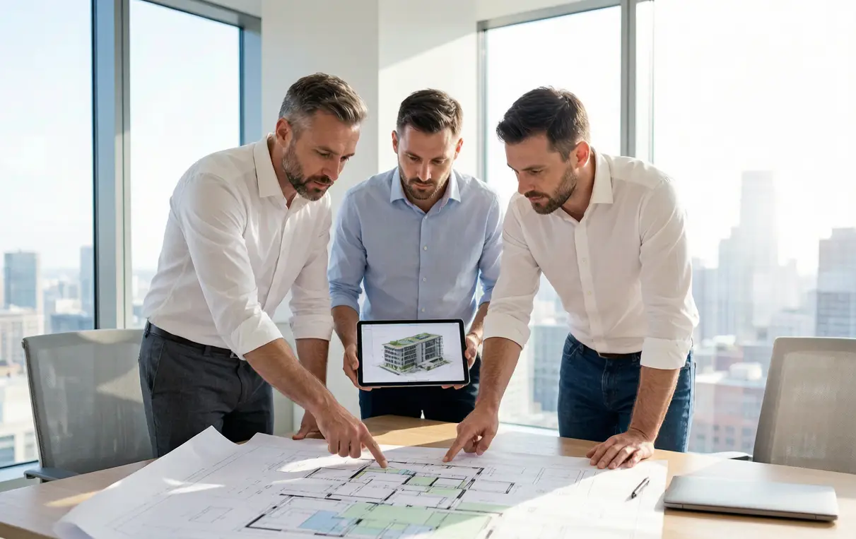 Development team reviewing multi-unit floor plan layouts and a site model