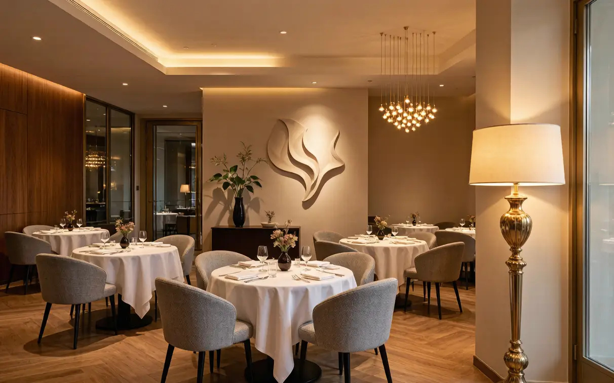 Restaurant interior with dining, bar and open kitchen - restaurant floor plan design