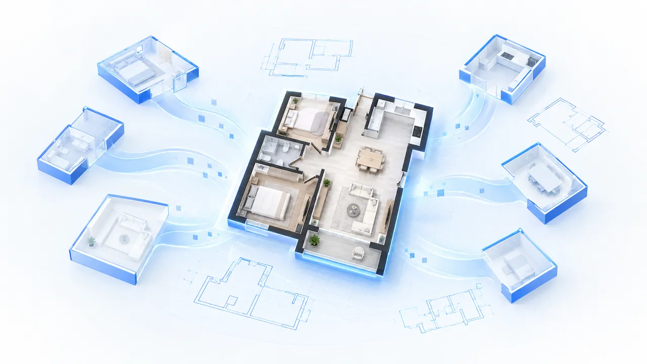 Room layouts and architectural sketches surrounding a furnished home floor plan