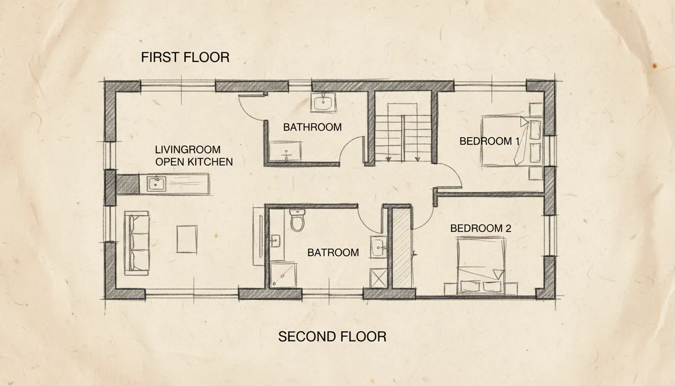 2-Bedroom Hand-Drawn Style — Two-Story