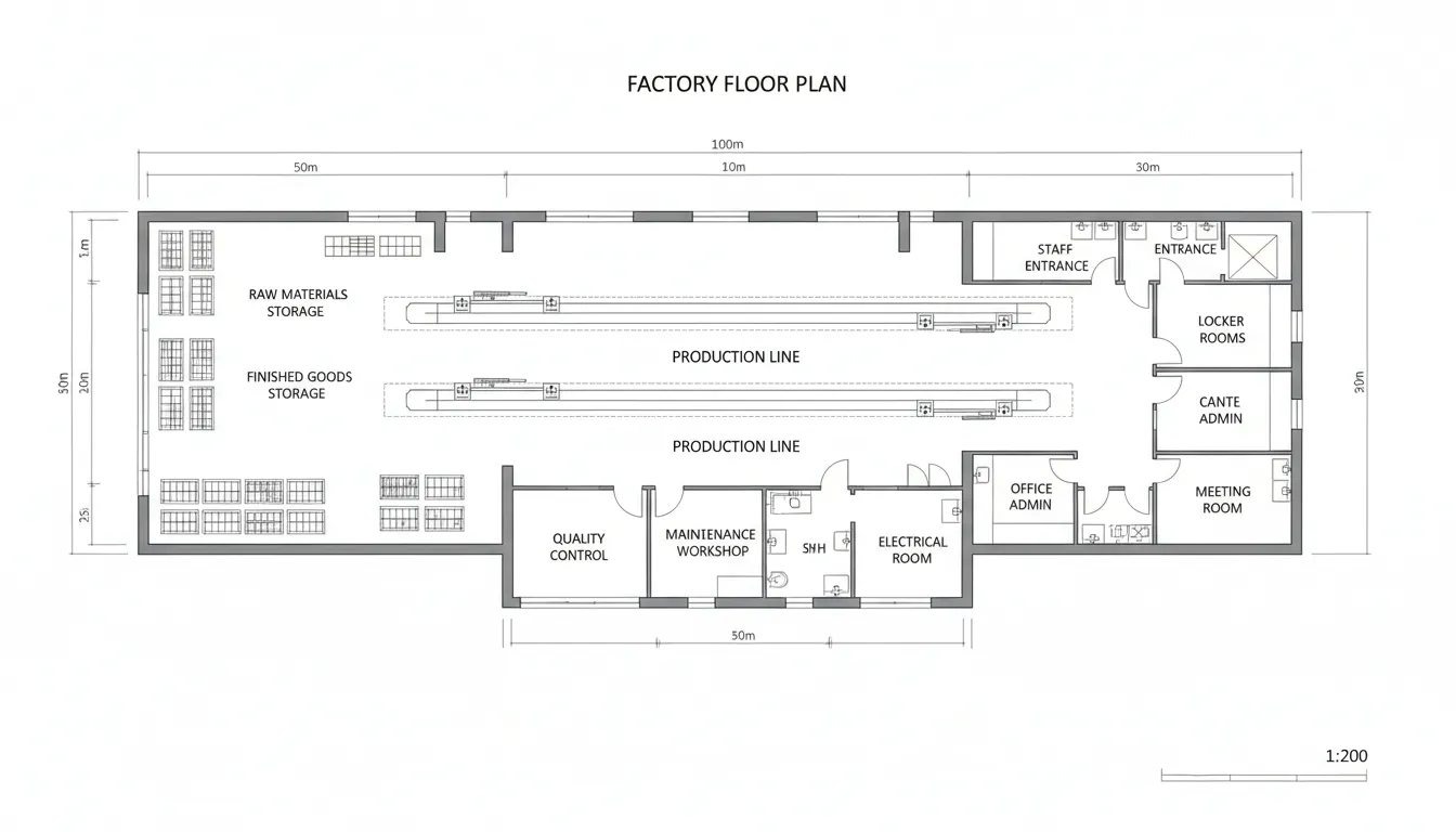 Factory Layout — Production Line, Storage, Staff