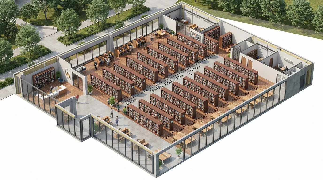 Library Floor Plan — Parallel Shelving with Aisle Specs