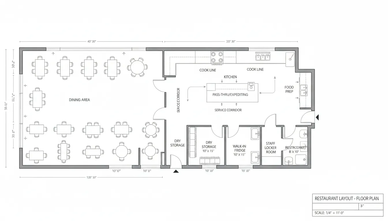 Restaurant Layout — Dining, Kitchen, Storage, Service Flow