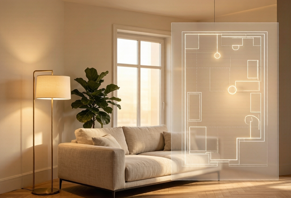 Residential reflected ceiling lighting plan with recessed downlights, pendants, and switching